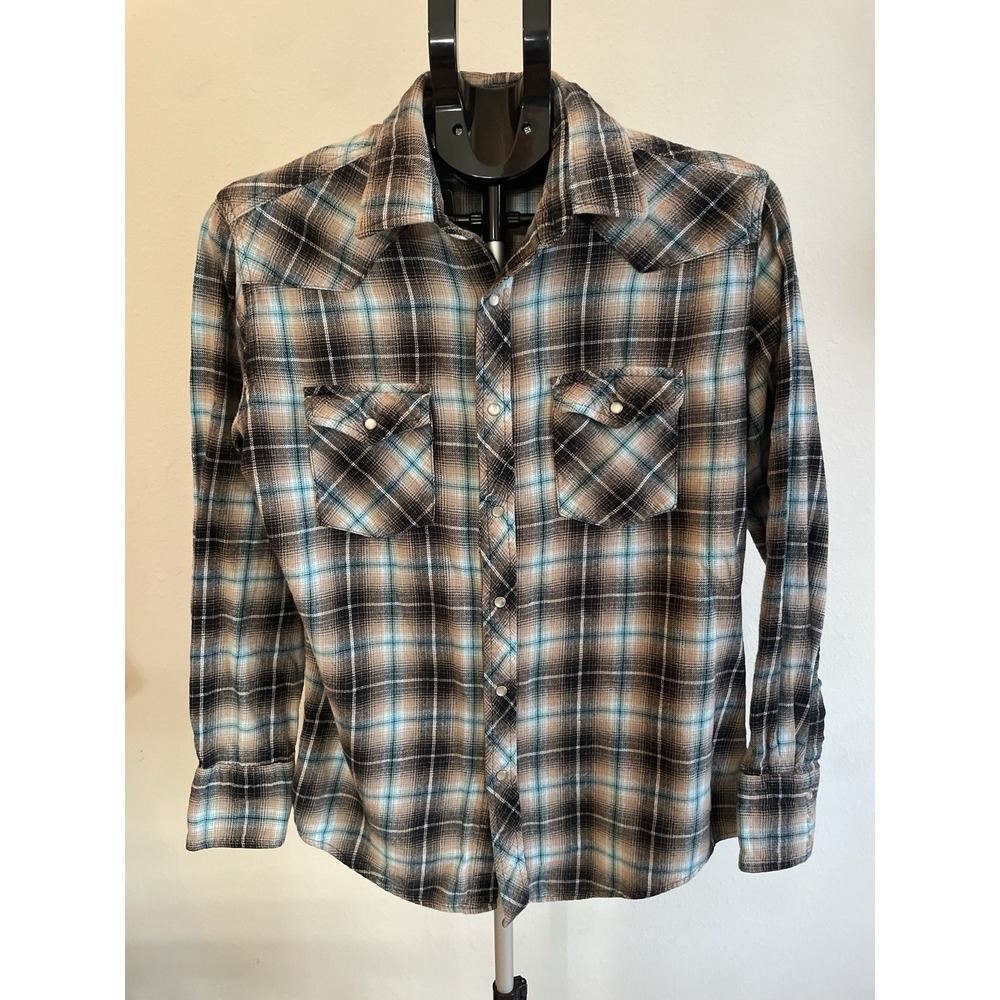 Wrangler Pearl Snap Flannel Shirt Men's M Long Sleeve Pockets Plaid Western